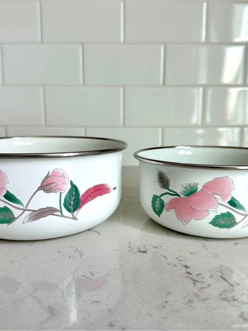 Vintage Mikasa Metal Bowls Set of 2 | Pink Floral Enamel Bowls